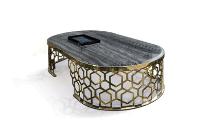 Luxury Black Marble Coffee Table with Golden Geometric Metal Base