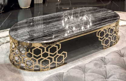 Luxury Black Marble Coffee Table with Golden Geometric Metal Base