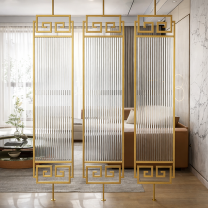Luxury Golden Frame Geometric Room Divider with Ribbed Glass & Mirror Accents