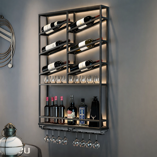 Modern Industrial Wall-Mounted Wine Rack & Bar Shelf (Black Metal)