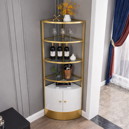 Elegant Gold Corner Display Cabinet with Open Shelving & Storage Base