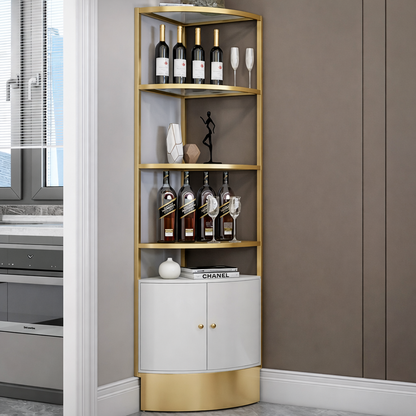 Elegant Gold Corner Display Cabinet with Open Shelving & Storage Base