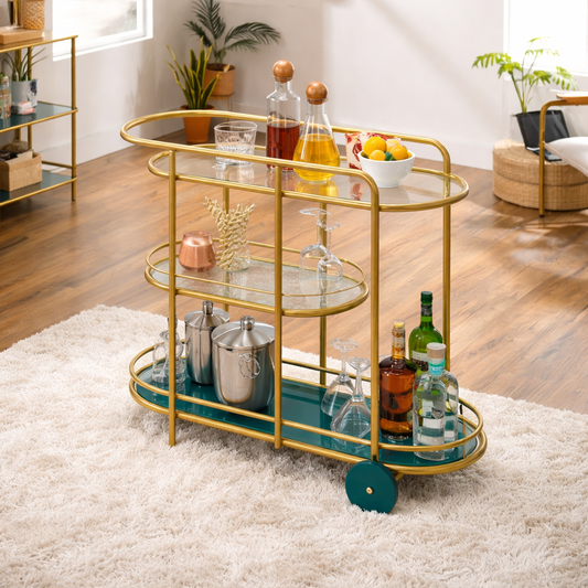 Elite Gold Oval Bar Cart with Triple Tier Display & Rolling Wheels