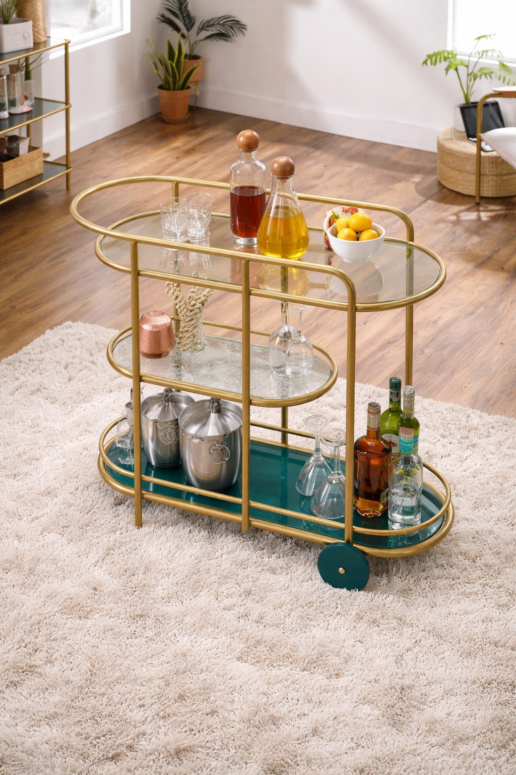 Elite Gold Oval Bar Cart with Triple Tier Display & Rolling Wheels