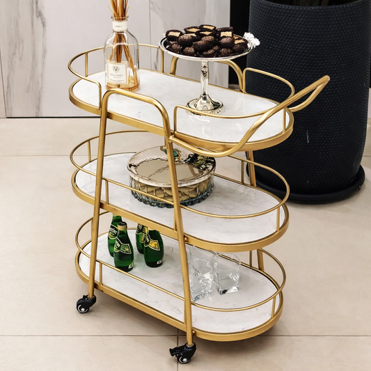 Modern Gold 3-Tier Marble Bar Cart with Rolling Casters
