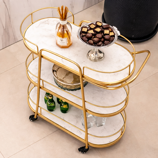 Modern Gold 3-Tier Marble Bar Cart with Rolling Casters