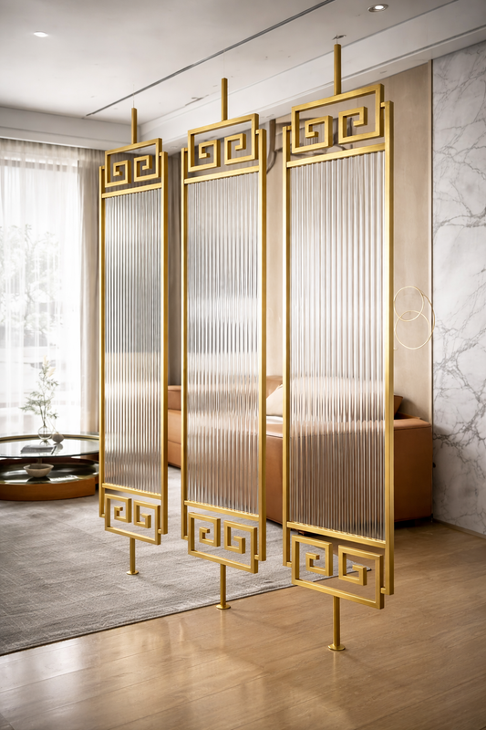 Luxury Golden Frame Geometric Room Divider with Ribbed Glass & Mirror Accents