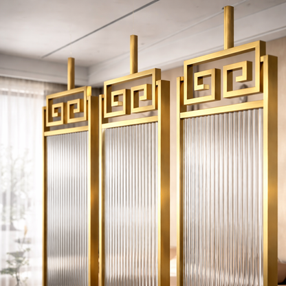 Luxury Golden Frame Geometric Room Divider with Ribbed Glass & Mirror Accents