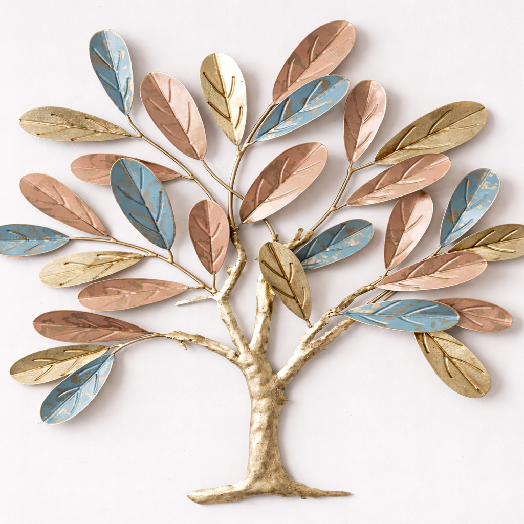 Elegant Tree Metal Wall Art – Gold, Copper & Blue Leaf Design