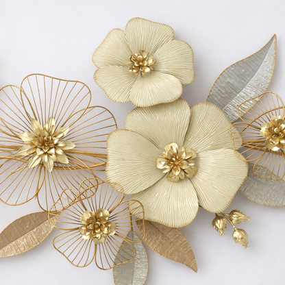 Floral and Leaf Metal Wall Art – Cream & Gold Decorative Design