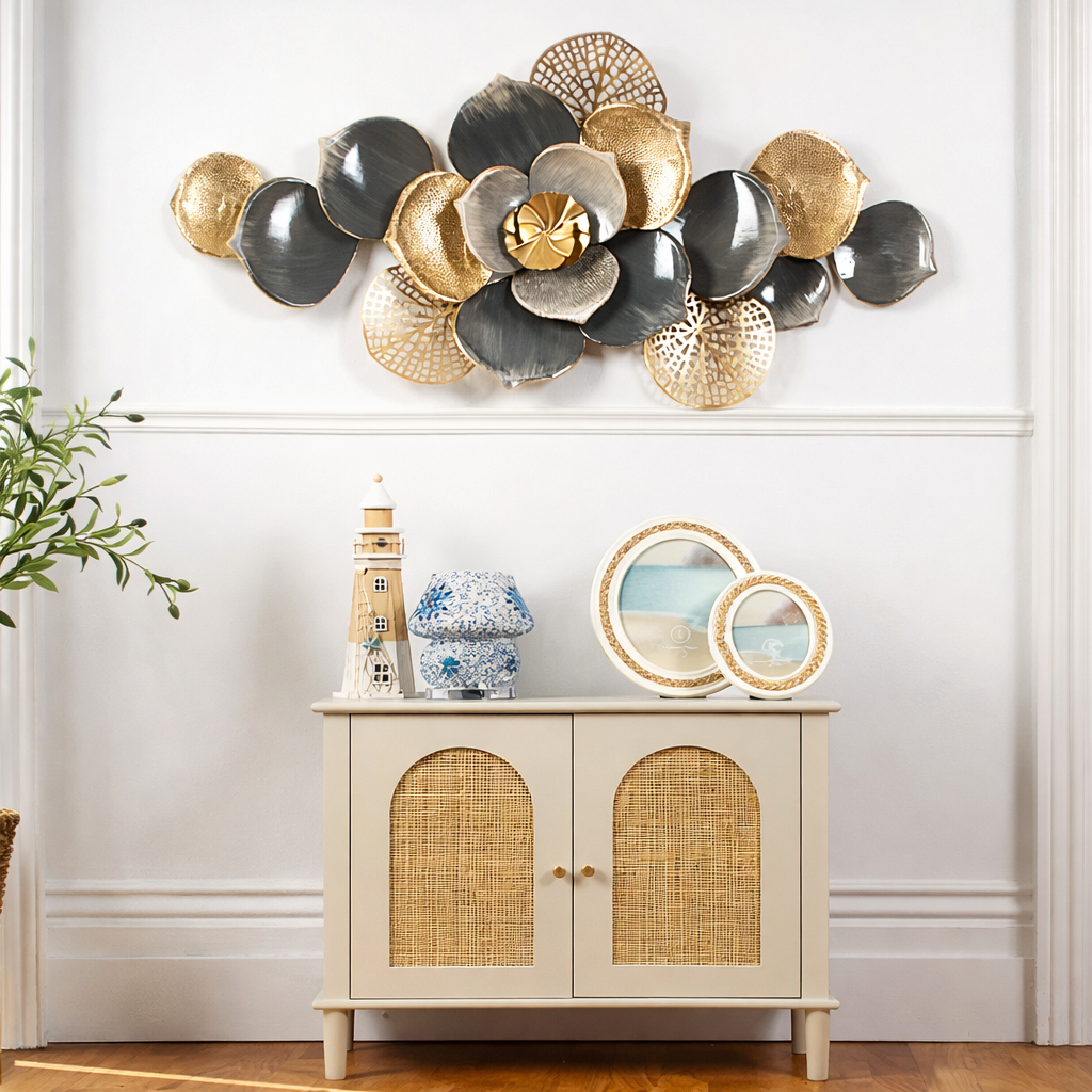 Floral Spray Metal Wall Art – Grey & Gold Finish