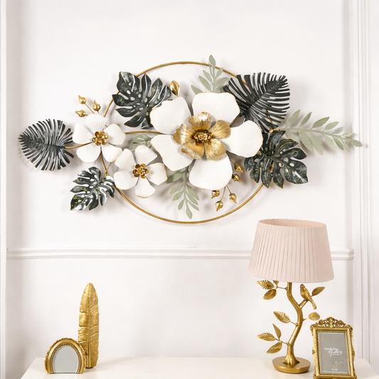 Luxury Floral Metal Wall Art – White & Gold Flowers with Tropical Leaves