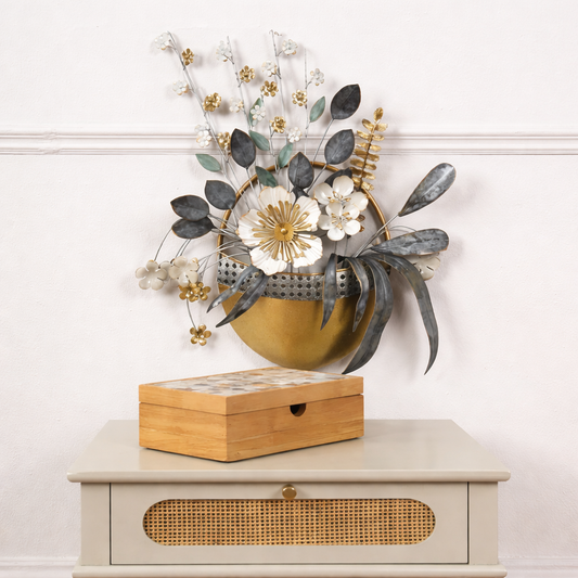 Posy Floral Vase Metal Wall Art – Grey, White & Gold Finish
