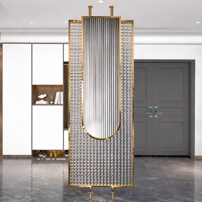 Luxury Golden Frame Ribbed & Crystal Glass Room Divider