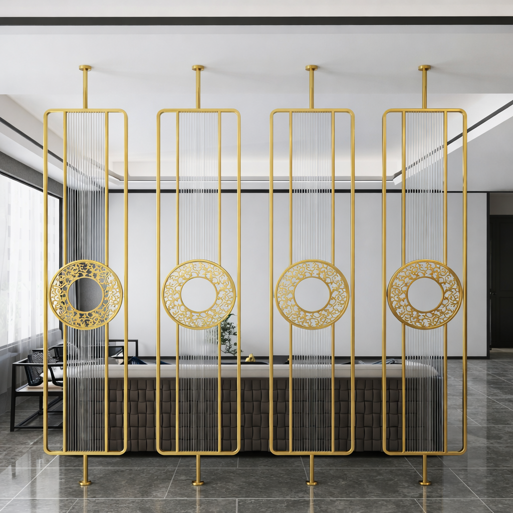 Luxury Golden Metal & Blue Glass Room Divider with Ornamental Circle Design