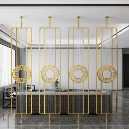 Luxury Golden Metal & Blue Glass Room Divider with Ornamental Circle Design