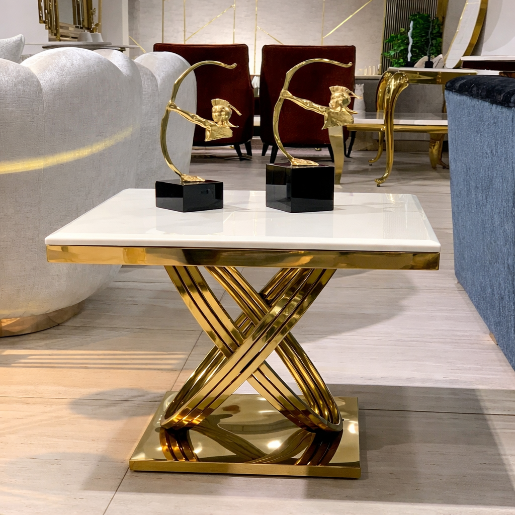Luxury Marble Top Side Table with Golden Stainless Steel Base – Modern Accent Table