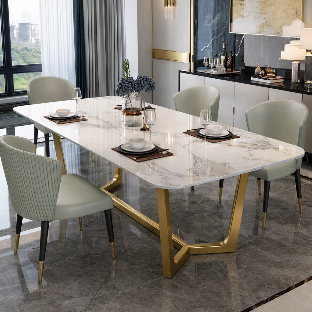 Luxury Marble Dining Table with Gold Stainless Steel Base & Upholstered Chairs