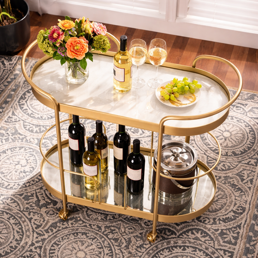 Vintage-Inspired Gold Bar Cart with Dual Shelves & Wine Holder