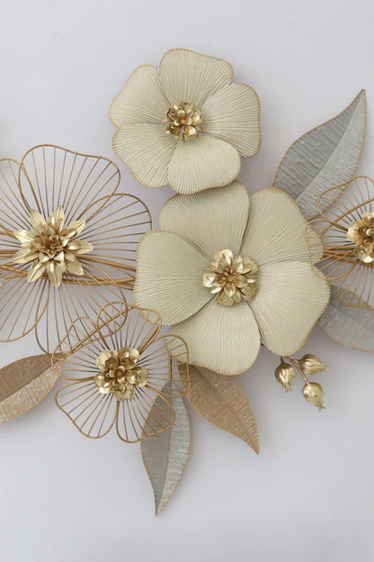 Floral and Leaf Metal Wall Art – Cream & Gold Decorative Design
