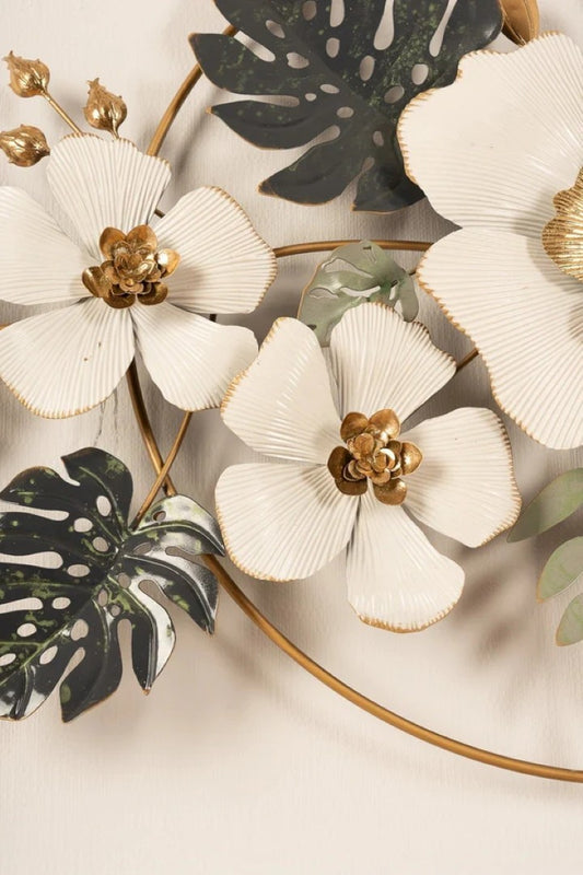 Luxury Floral Metal Wall Art – White & Gold Flowers with Tropical Leaves
