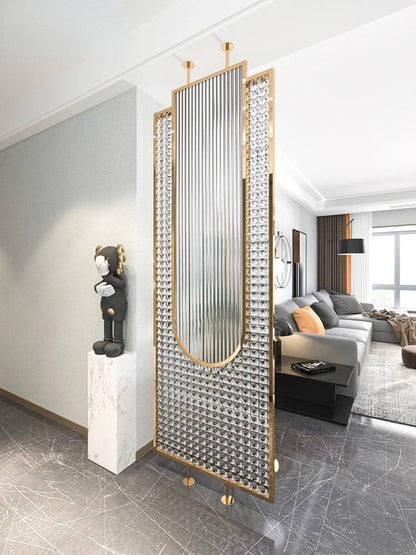 Luxury Golden Frame Ribbed & Crystal Glass Room Divider