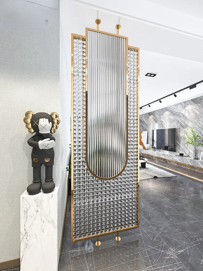 Luxury Golden Frame Ribbed & Crystal Glass Room Divider