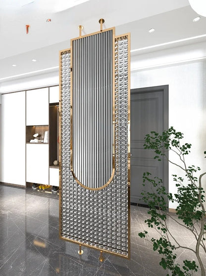 Luxury Golden Frame Ribbed & Crystal Glass Room Divider