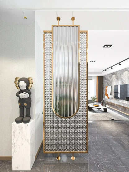 Luxury Golden Frame Ribbed & Crystal Glass Room Divider