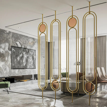 Luxury Golden Frame Geometric Room Divider with Ribbed Glass & Mirror Accents