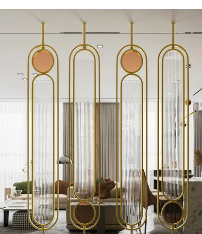 Luxury Golden Frame Geometric Room Divider with Ribbed Glass & Mirror Accents
