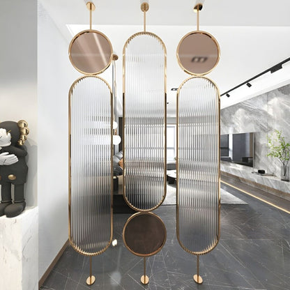 Luxury Golden Frame Room Divider with Ribbed Glass & Mirror Accents