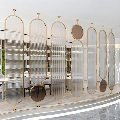 Luxury Golden Frame Room Divider with Ribbed Glass & Mirror Accents
