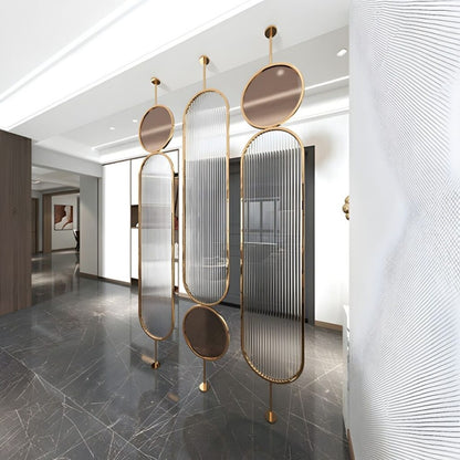 Luxury Golden Frame Room Divider with Ribbed Glass & Mirror Accents
