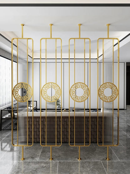 Luxury Golden Metal & Blue Glass Room Divider with Ornamental Circle Design