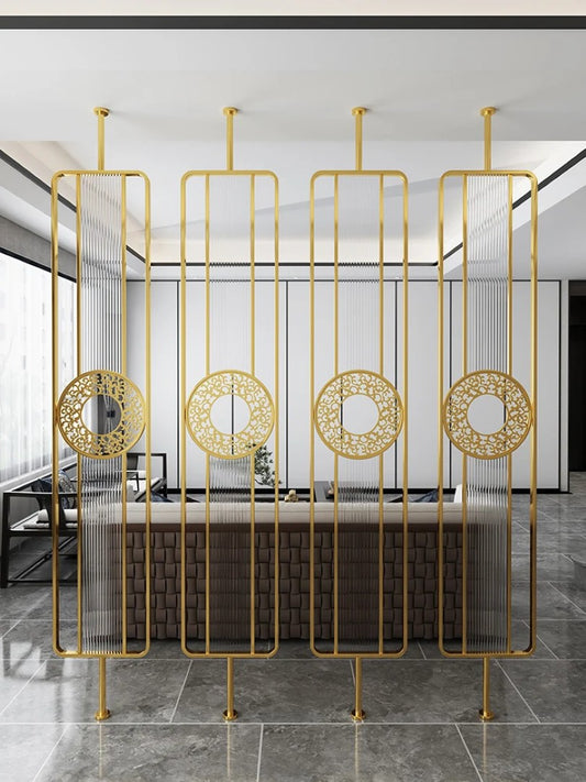 Luxury Golden Metal & Blue Glass Room Divider with Ornamental Circle Design