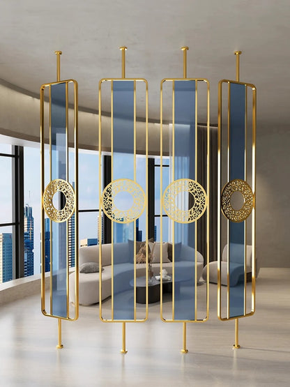 Luxury Golden Metal & Blue Glass Room Divider with Ornamental Circle Design