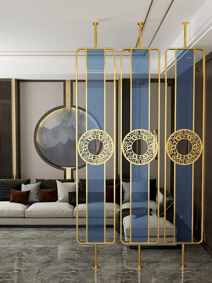 Luxury Golden Metal & Blue Glass Room Divider with Ornamental Circle Design