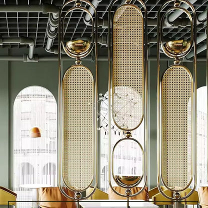 Luxury Golden Metal Room Divider with Woven Cane Design – Modern Partition Panel