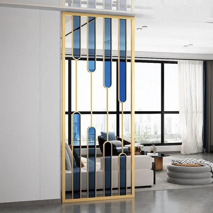 Luxury Gold Partition with Blue Glass Accents – Modern Artistic Room Divider