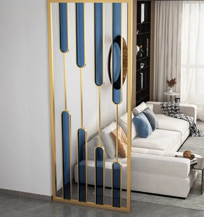 Luxury Gold Partition with Blue Glass Accents – Modern Artistic Room Divider