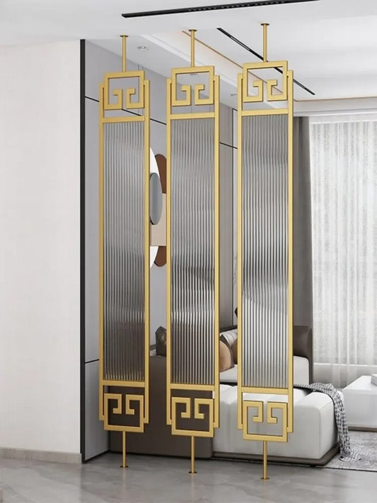 Luxury Gold Partition with Fluted Glass & Greek Key Design