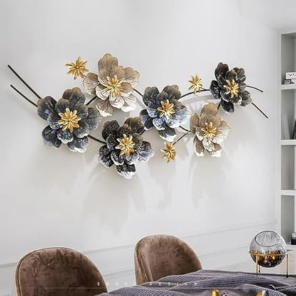 Luxury 3D Floral Metal Wall Art – Gold & Black-Blue Statement Decor