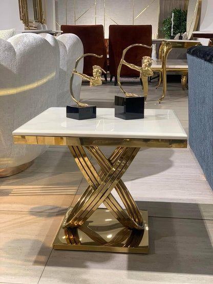 Luxury Marble Top Side Table with Golden Stainless Steel Base – Modern Accent Table