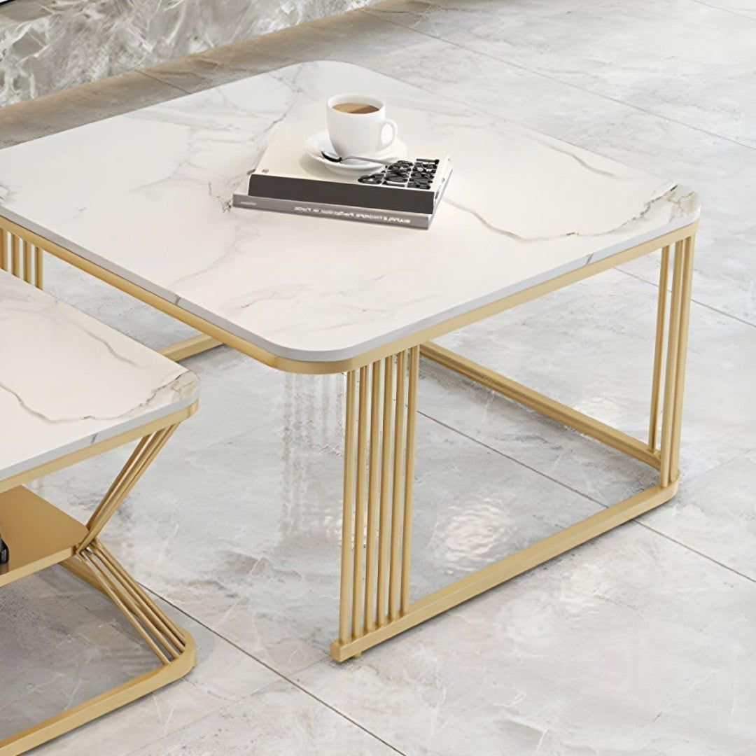Luxury White Marble Square Coffee Table Set with Golden Frame (2 Pieces)