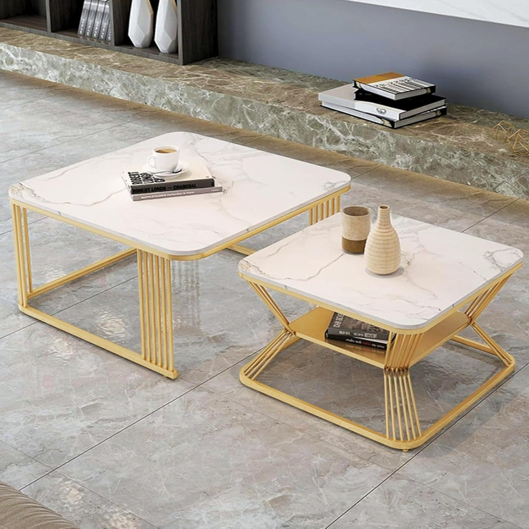 Luxury White Marble Square Coffee Table Set with Golden Frame (2 Pieces)