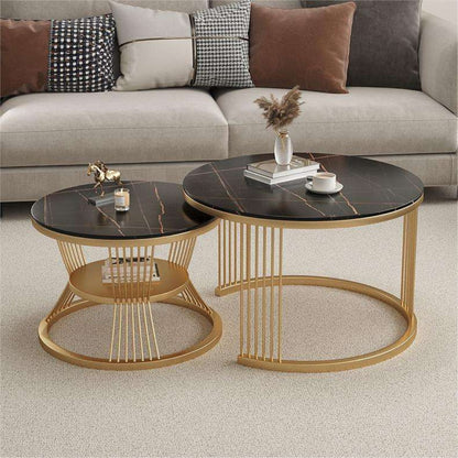 Luxury Black Marble Coffee Table Set with Golden Base – Modern Living Room