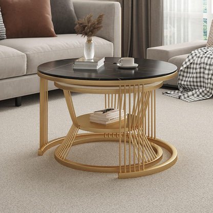 Luxury Black Marble Coffee Table Set with Golden Base – Modern Living Room