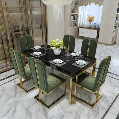 Luxury Black Marble Dining Table with Gold Base & Velvet Upholstered Chairs (6-Seater)