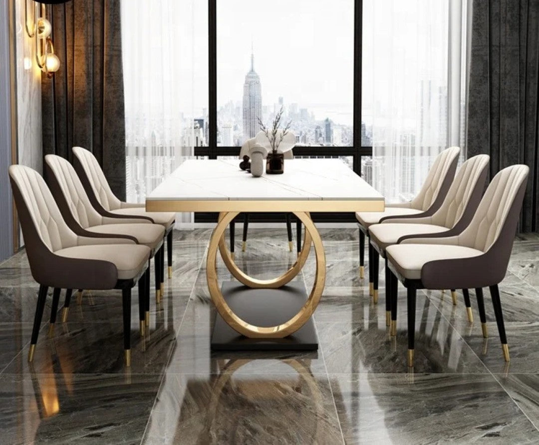 Modern Black Marble Dining Table with Golden Ring Base & Upholstered Chairs (6-Seater)